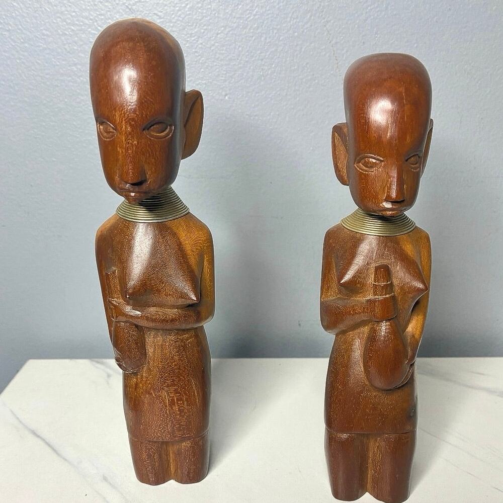 Vintage Hand Carved Wood Tribal Figures Pair Brass Neck Rings